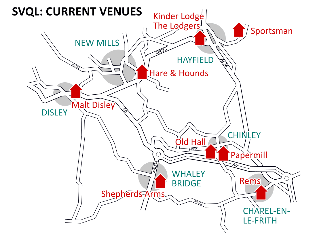 Map of current venues: Kinder Lodge, The Lodgers and Sportsman near Hayfield; Hare & Hounds in New Mills; Malt Disley in Disley; Old Hall and Papermill in Chinley; Shepherds Arms in Whaley Bridge; Rems in Chapel-en-le-Frith